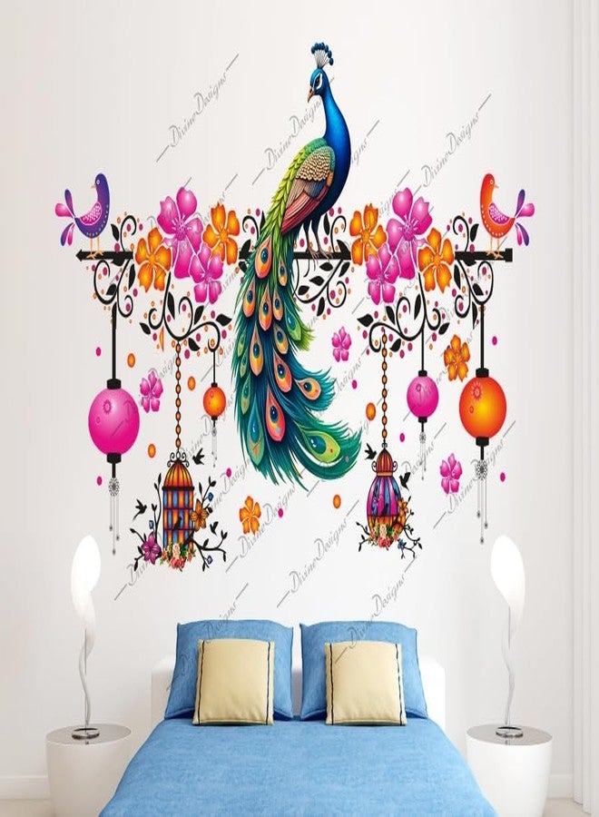 DivineDesigns ملصق حائط ذاتي اللصق من الفينيل PVC بتصميم أقفاص زهور برتقالية ووردية على شكل طاووس من DivineDesigns لتزيين المنزل/غرفة المعيشة (متعدد الألوان) - Image 1